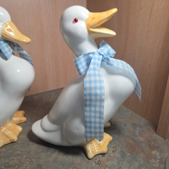 Ceramic Duck Figurines with Blue Gingham Bows - Picture 3 of 7